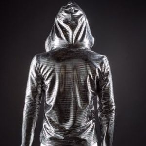 Betabrand DiscoBall Jacket w/hood Reversible Silver/Black Med NWT